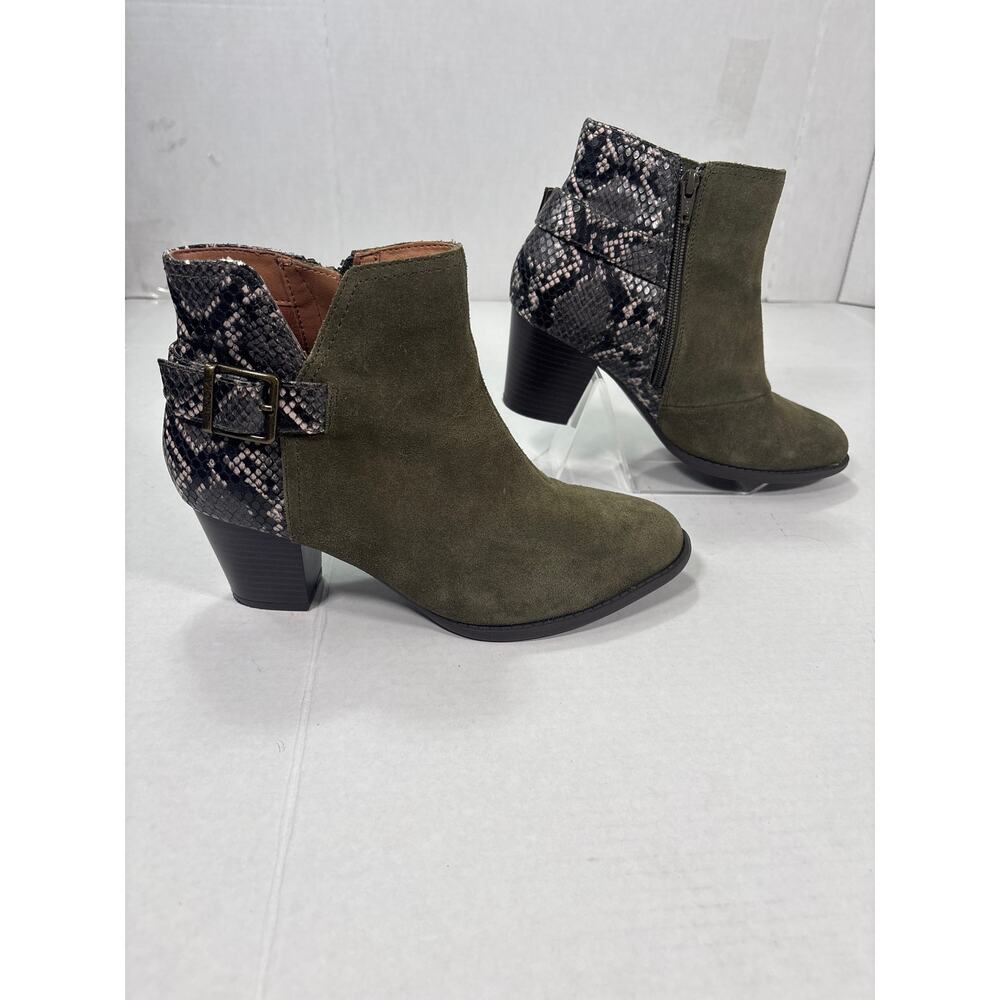 Vionic Naomi Olive Suede Ankle Boots with Faux Snakeskin, Size 8 - Picture 2 of 8
